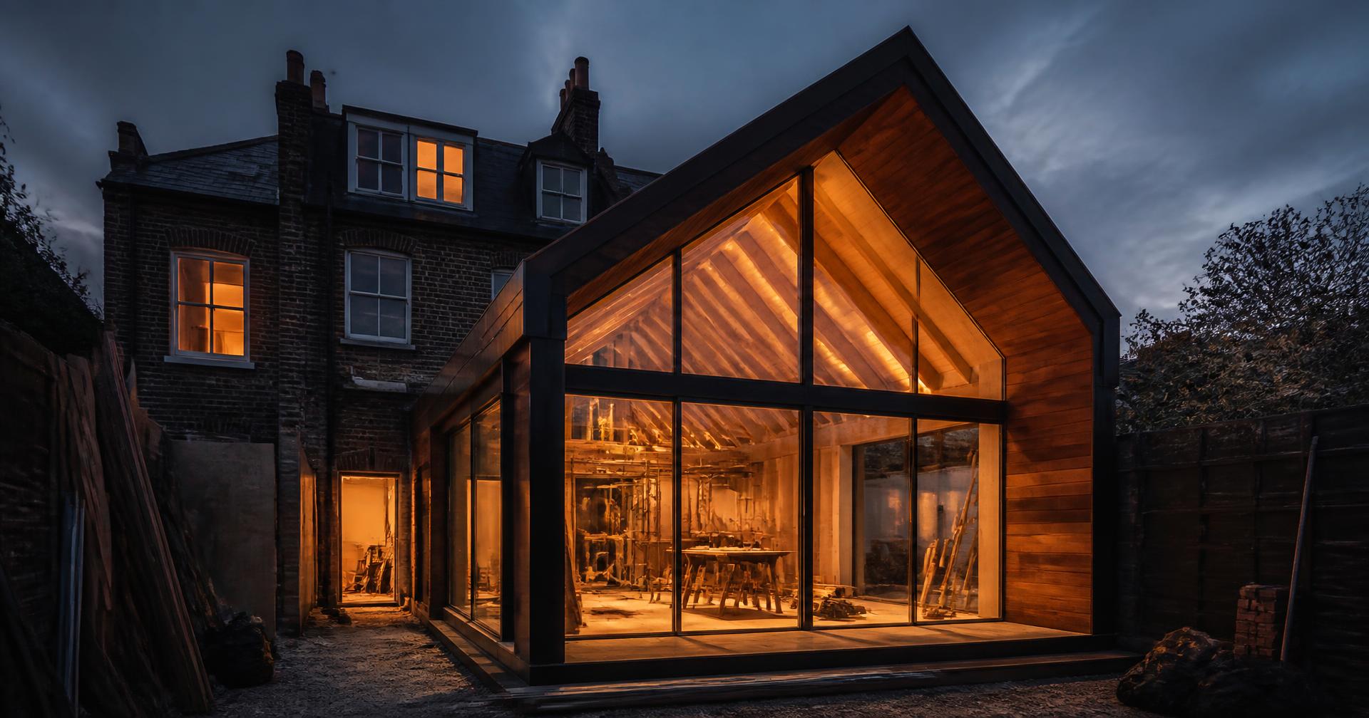 London residential extension under construction at dusk